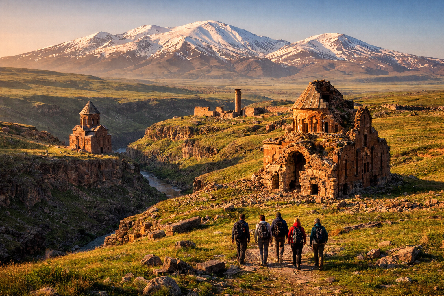 () aerial drone photograph of the ancient city of Ani ruins in Kars province eastern Turkey, with snow-capped mountains in