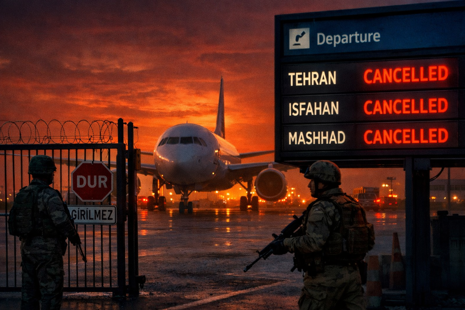 () dramatic photojournalistic image showing a grounded commercial airplane on a Turkish airport tarmac at dusk with an