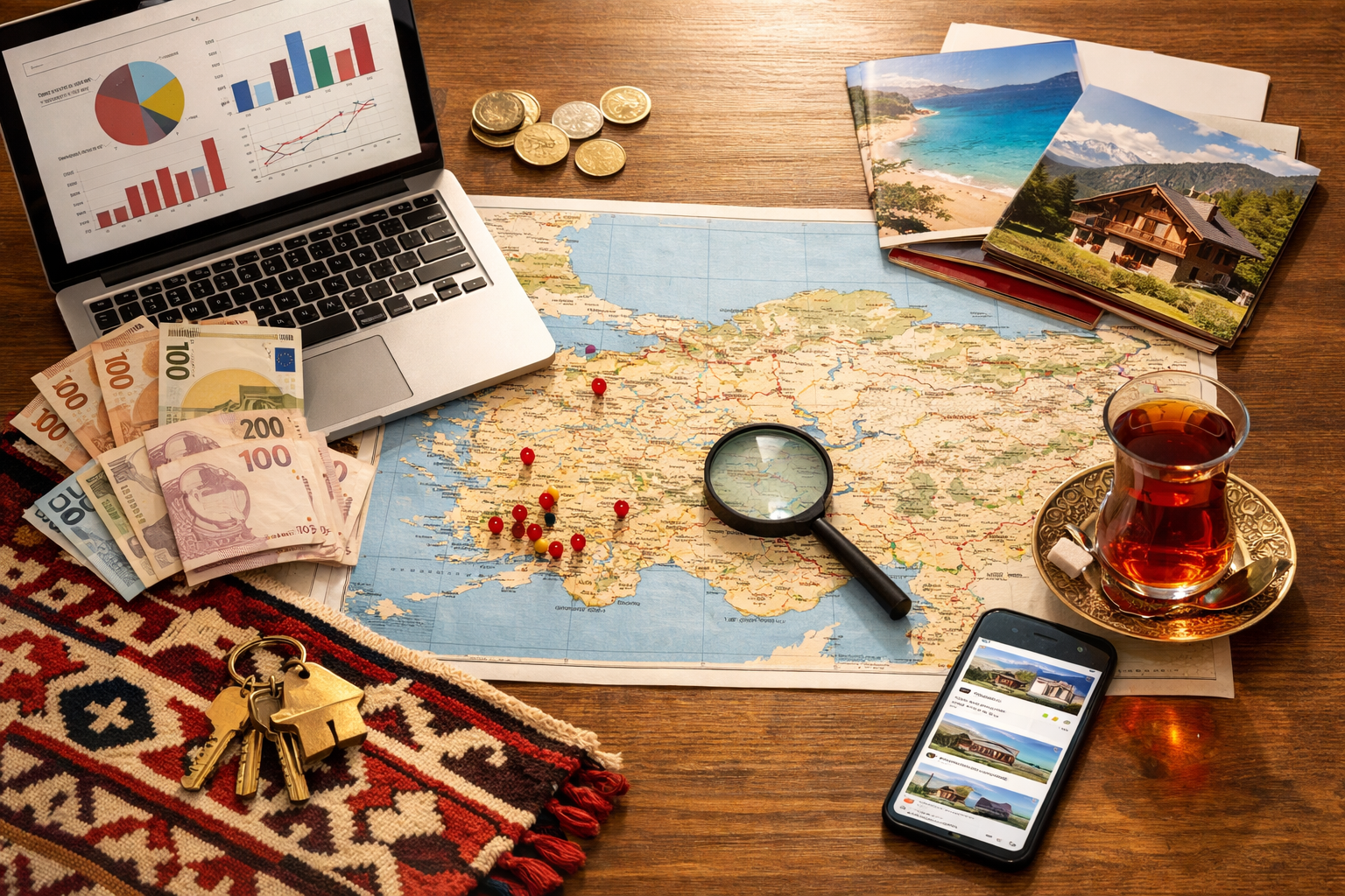 Landscape format (1536x1024) editorial style flat-lay composition showing a vacation home buyer's research desk with a Turkish property map 