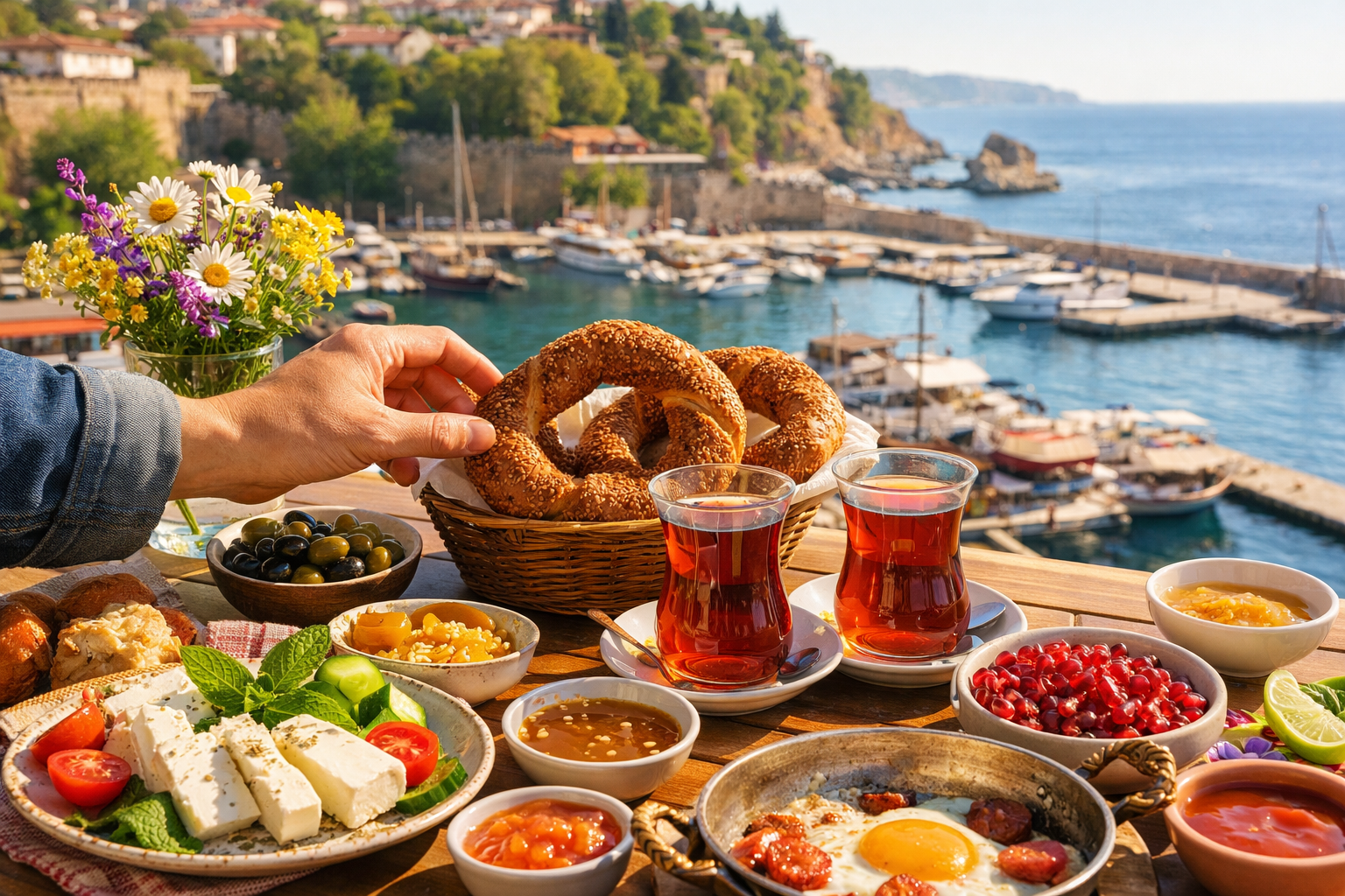 Detailed () close-up lifestyle photograph of a vibrant Turkish breakfast spread on a sunlit terrace overlooking Antalya