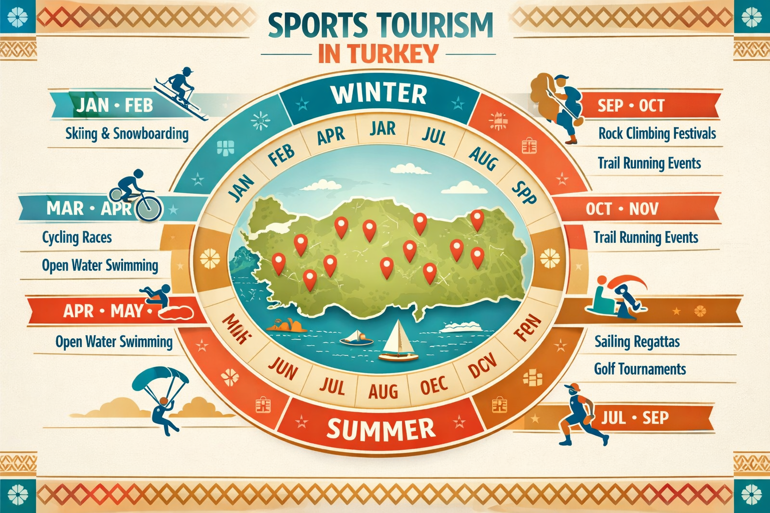 Detailed () infographic-style editorial illustration showing a seasonal calendar wheel of Turkey's sports tourism events