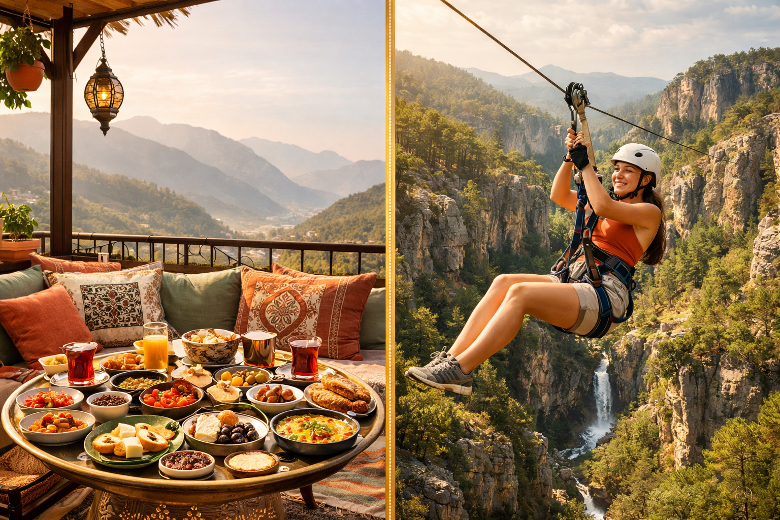 () split-composition lifestyle image showing the luxury side of premium adventure travel in Turkey: left half shows an