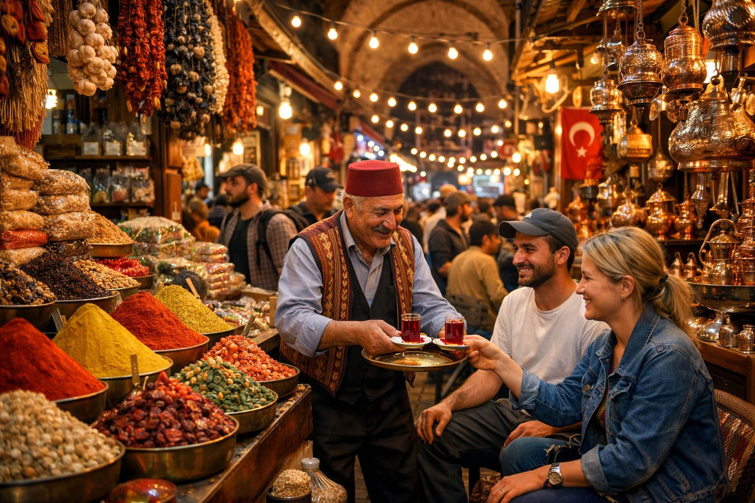 () vibrant street-level photograph of a bustling Turkish bazaar in a lesser-known Anatolian town like Gaziantep or Mardin,