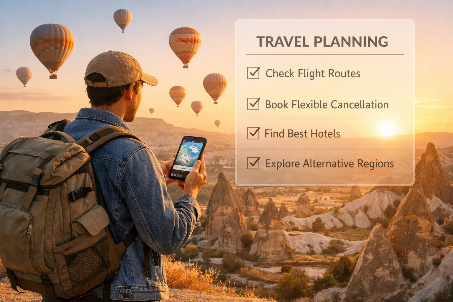 () bright optimistic editorial image showing a traveler with a backpack standing at a scenic overlook in Cappadocia with hot