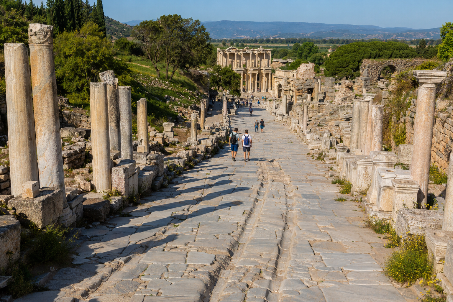 Ephesus Ancient City Explorer's Guide: Marble Streets, Library, and Time-Travel Secrets 1 Detailed () aerial-angle view looking down Curetes Street in Ephesus toward the Library of Celsus, showing the worn marble