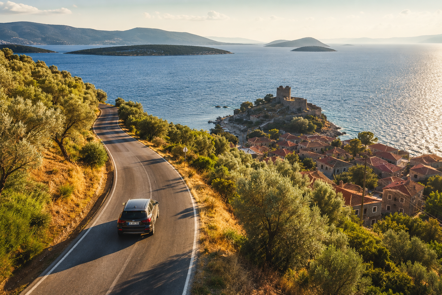 Road Trip Revival in Turkey: Best 2026 Routes for Families from Marmara to Aegean Without Flying 2 Detailed () aerial drone-style photograph of the winding coastal road between Ayvalık and Assos along Turkey's northern