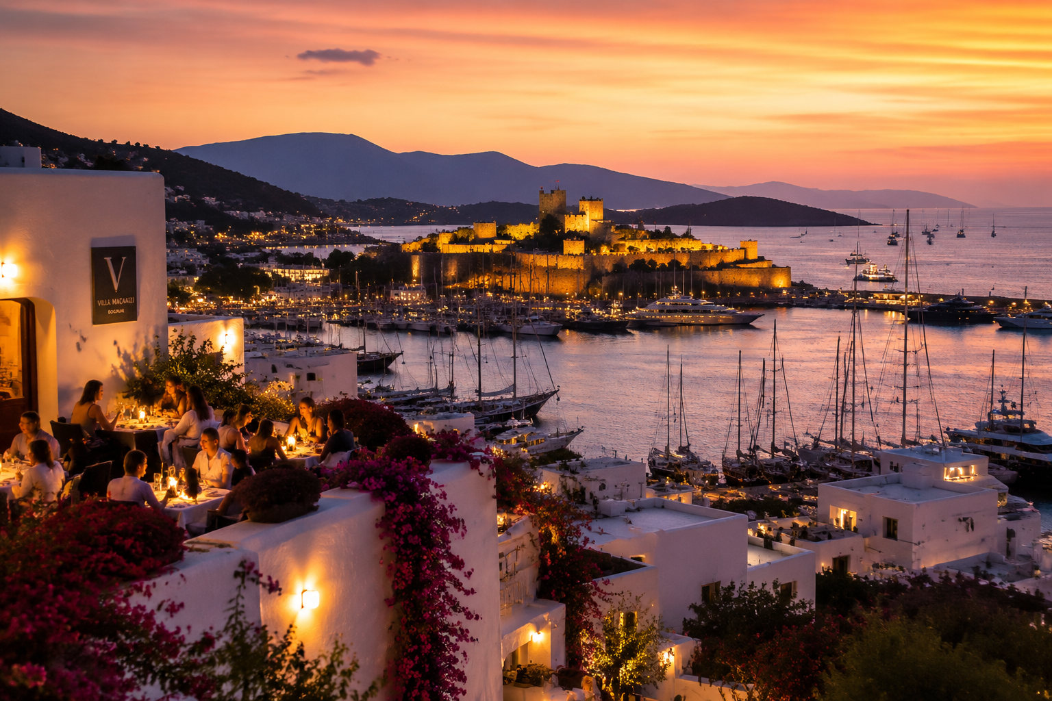 Turkey’s 2026 Coastal Showdown: Antalya vs. Bodrum vs. Fethiye for First-Time Beach Travelers 2 Detailed () atmospheric photograph of Bodrum's Gumbet Bay at sunset viewed from a hillside terrace of a boutique hotel,