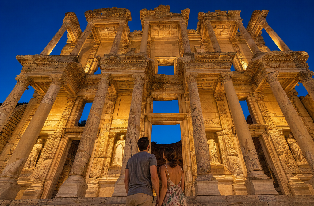 Ephesus Ancient City Explorer's Guide: Marble Streets, Library, and Time-Travel Secrets 2 Detailed () close-up dramatic perspective of the Library of Celsus facade shot from ground level looking upward, emphasizing