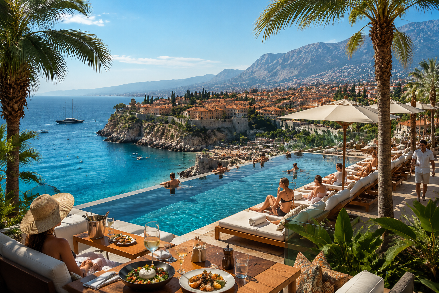 Detailed () depicting Antalya's premium beach club scene from elevated angle, showing infinity pool overlooking