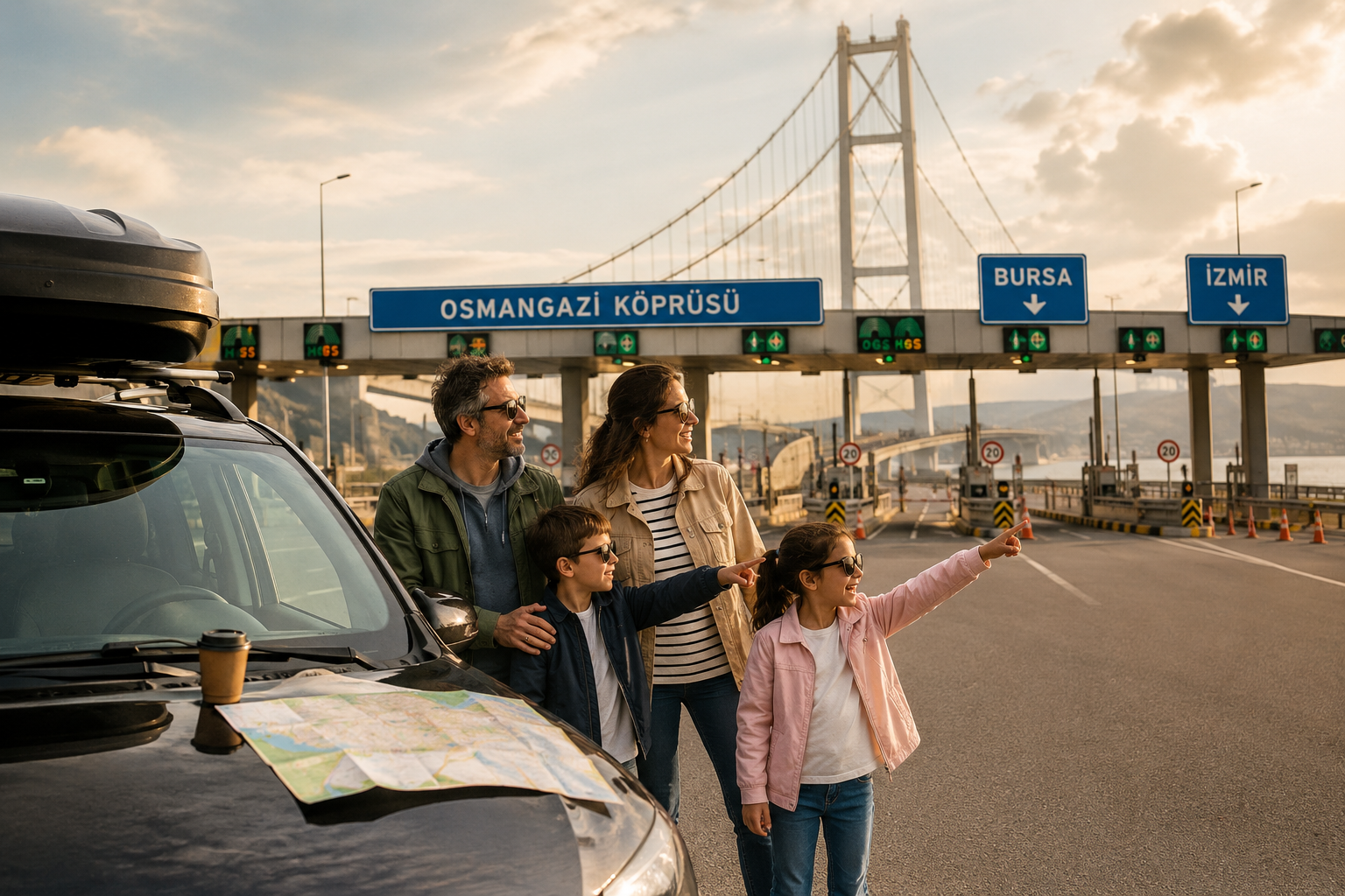 Road Trip Revival in Turkey: Best 2026 Routes for Families from Marmara to Aegean Without Flying 1 Detailed () editorial photograph of a family standing beside their packed car at the Osmangazi Bridge toll plaza with the