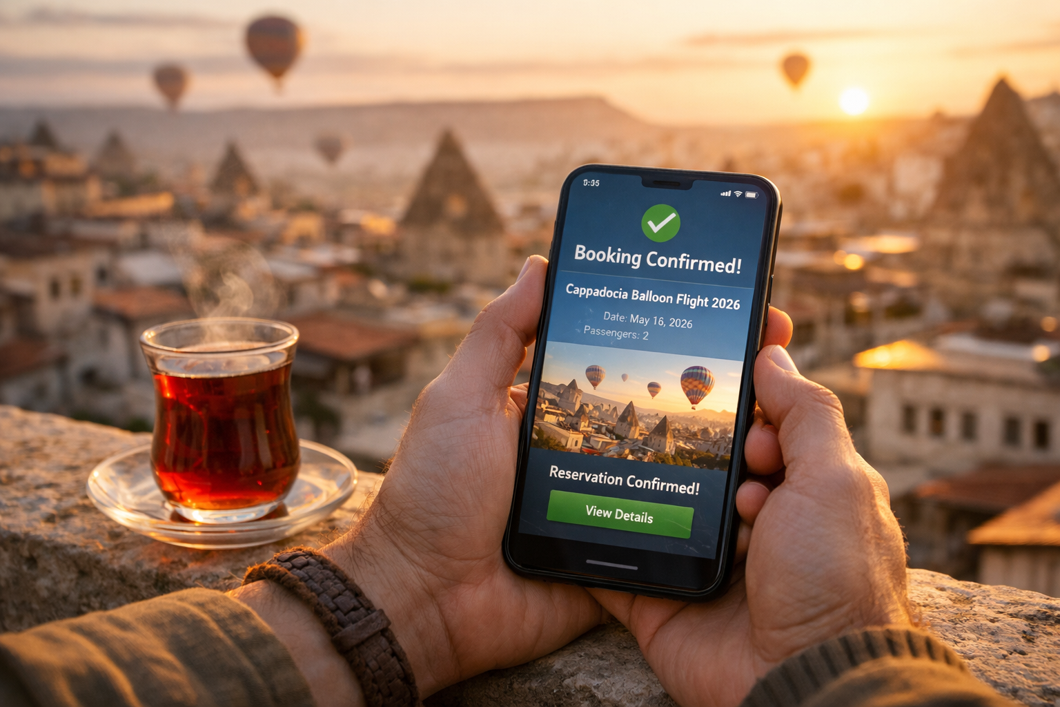 Detailed () image showing a close-up of a traveler's hands holding a smartphone displaying a balloon booking confirmation