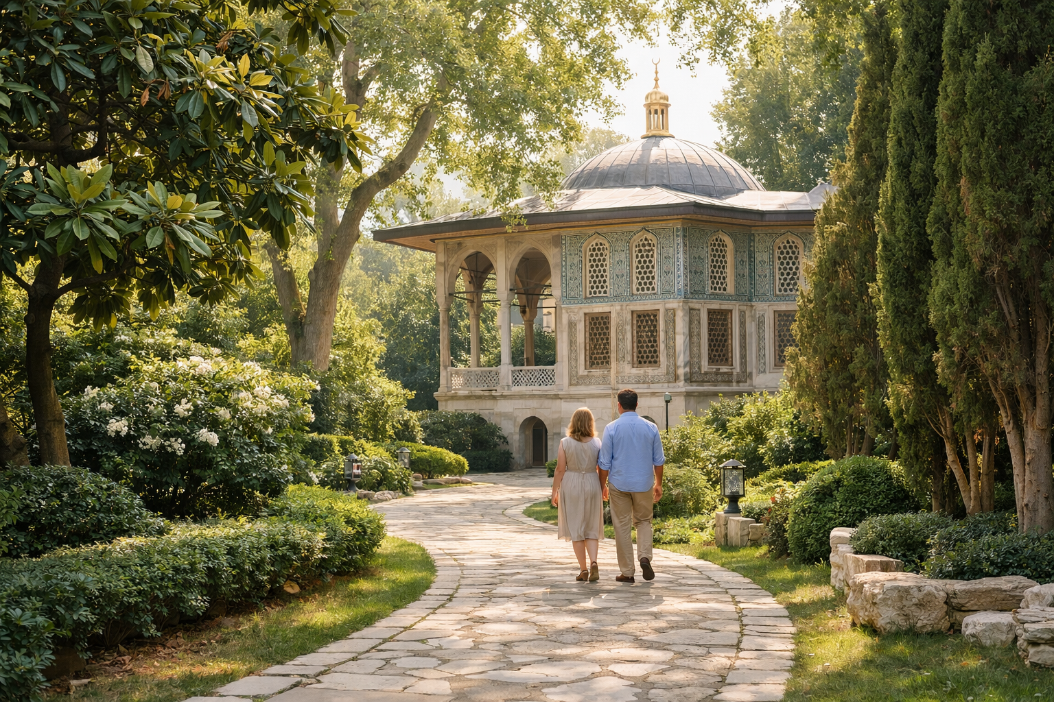 Istanbul 2026 Itinerary: Hidden Gems Beyond Hagia Sophia and the Blue Mosque 3 Detailed landscape format (1536x1024) editorial photograph of Yıldız Palace secret gardens in Istanbul after 2026 restoration, showing a win