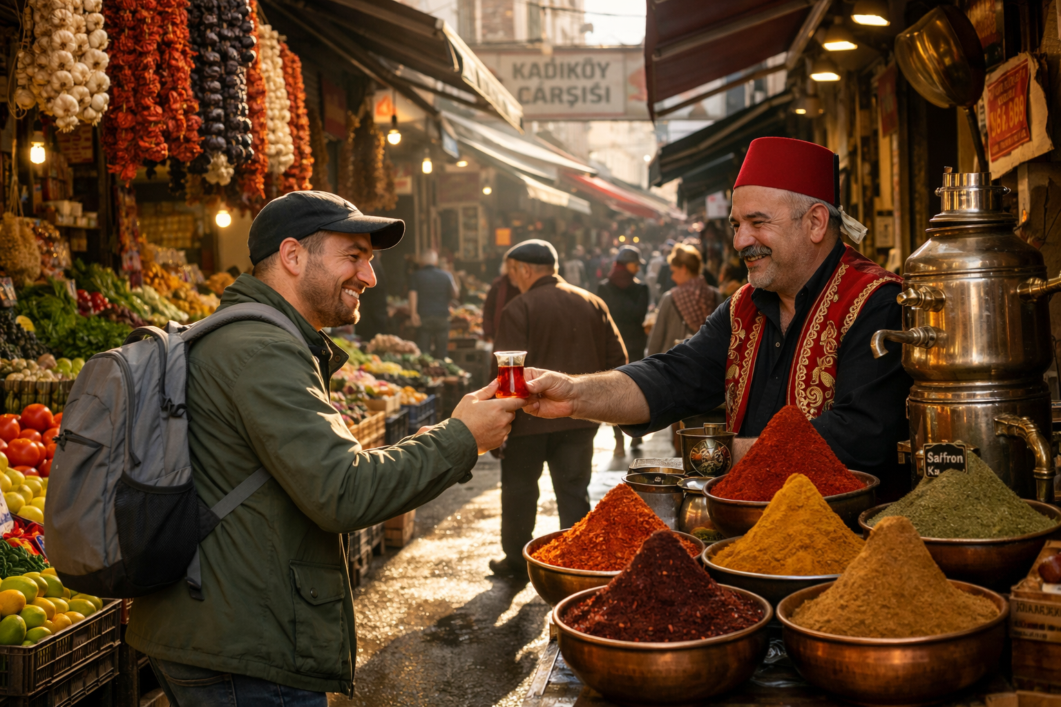 Istanbul 2026 Itinerary: Hidden Gems Beyond Hagia Sophia and the Blue Mosque 2 Detailed landscape format (1536x1024) editorial street-level photograph of Kadıköy Market on Istanbul's Asian side, showing a bustling narro