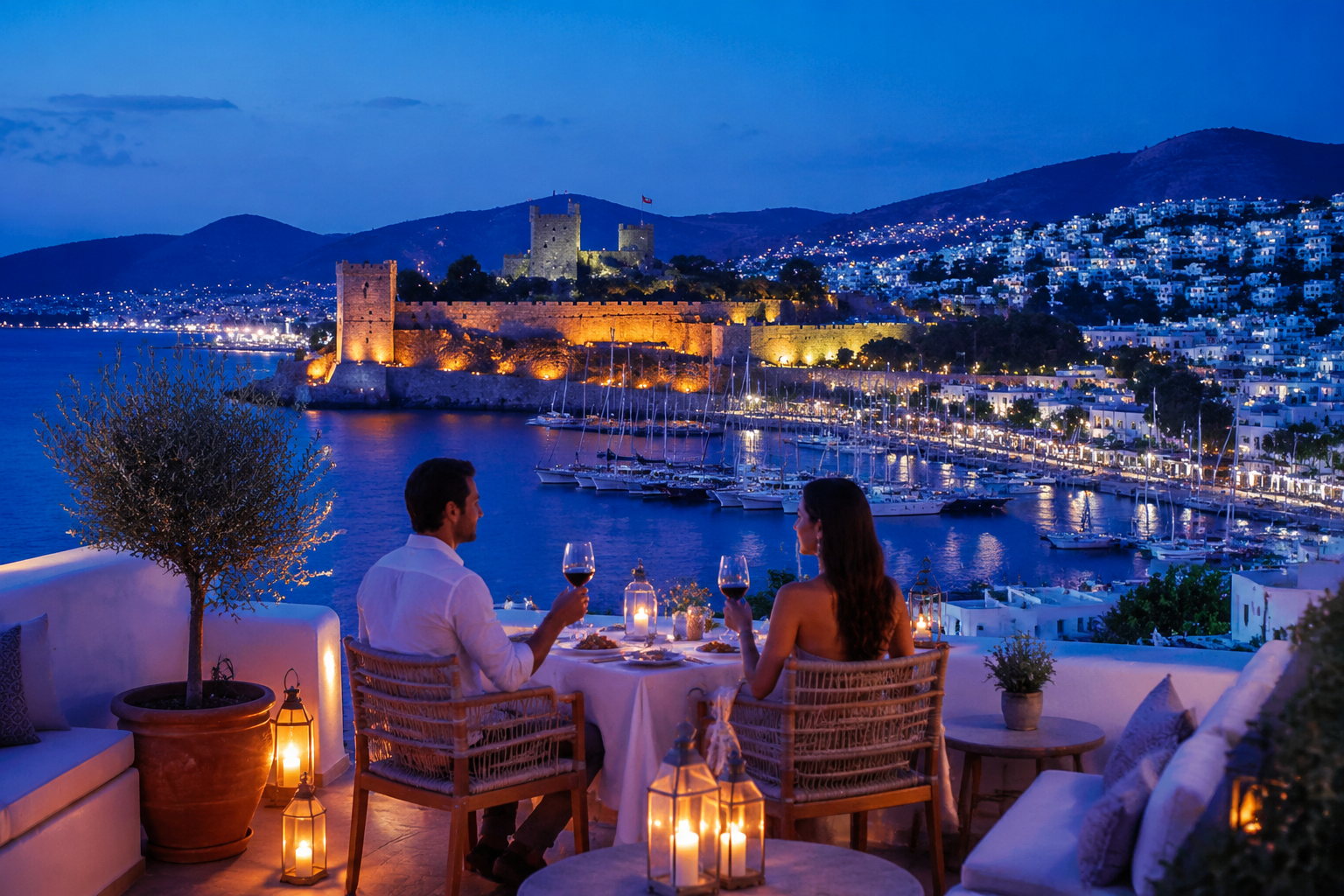 Detailed () showing Bodrum's iconic whitewashed architecture and harbor at blue hour, featuring a boutique hotel rooftop