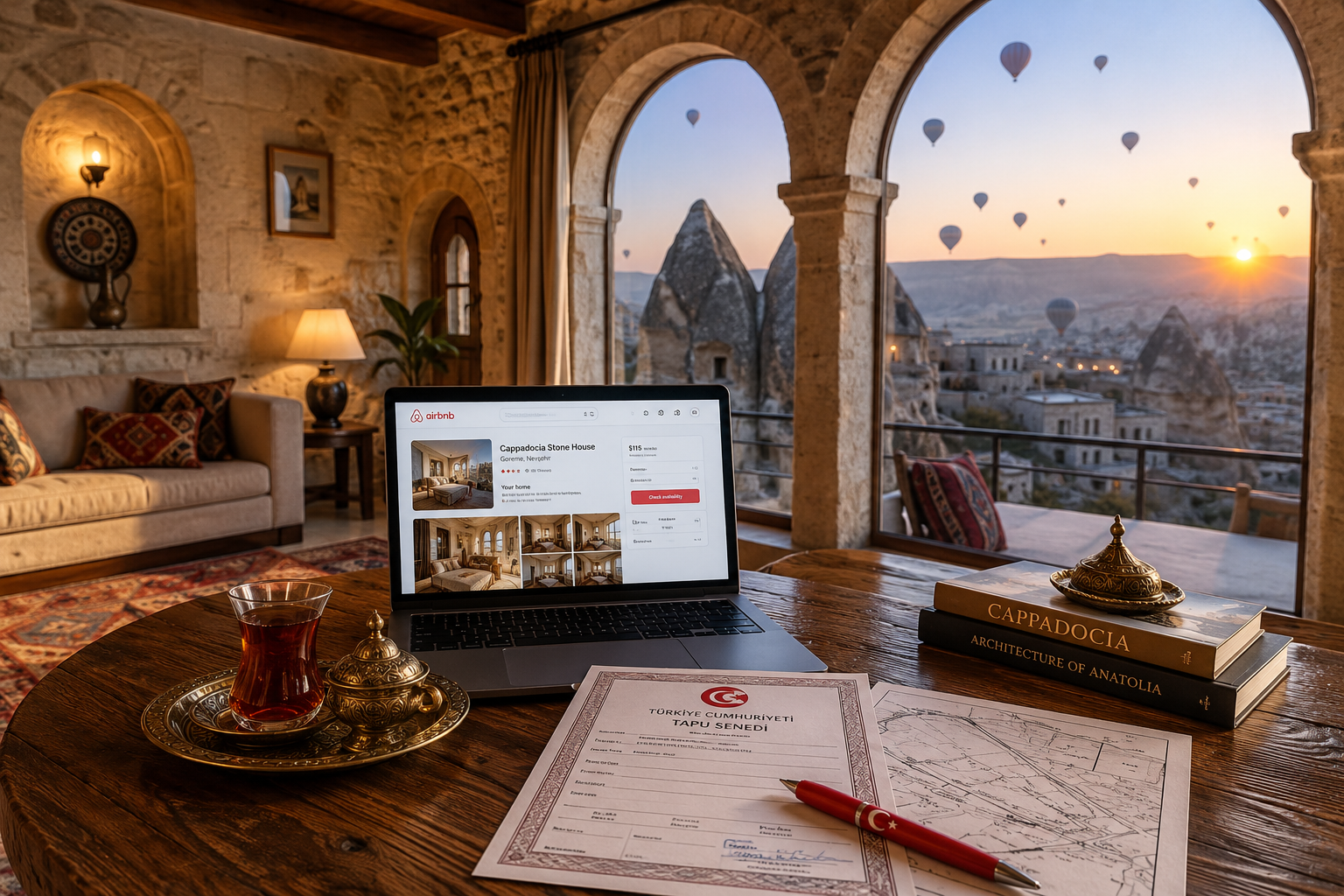 Investing in Turkish Vacation Homes 2026: Top Real Estate Hotspots Fueled by $68 Billion Tourism Boom 2 Detailed () showing a cozy interior of a renovated traditional Turkish stone house with modern furnishings, large arched
