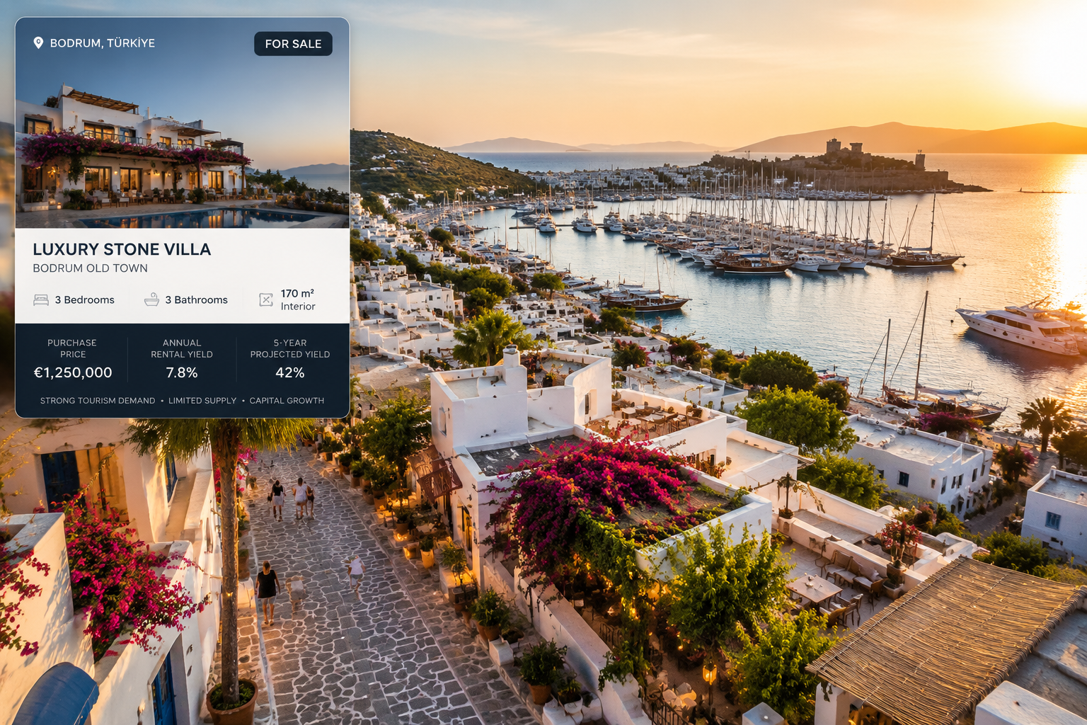 Investing in Turkish Vacation Homes 2026: Top Real Estate Hotspots Fueled by $68 Billion Tourism Boom 1 Detailed () showing a warm overhead birds-eye view of the charming stone streets of Bodrum's old town with whitewashed