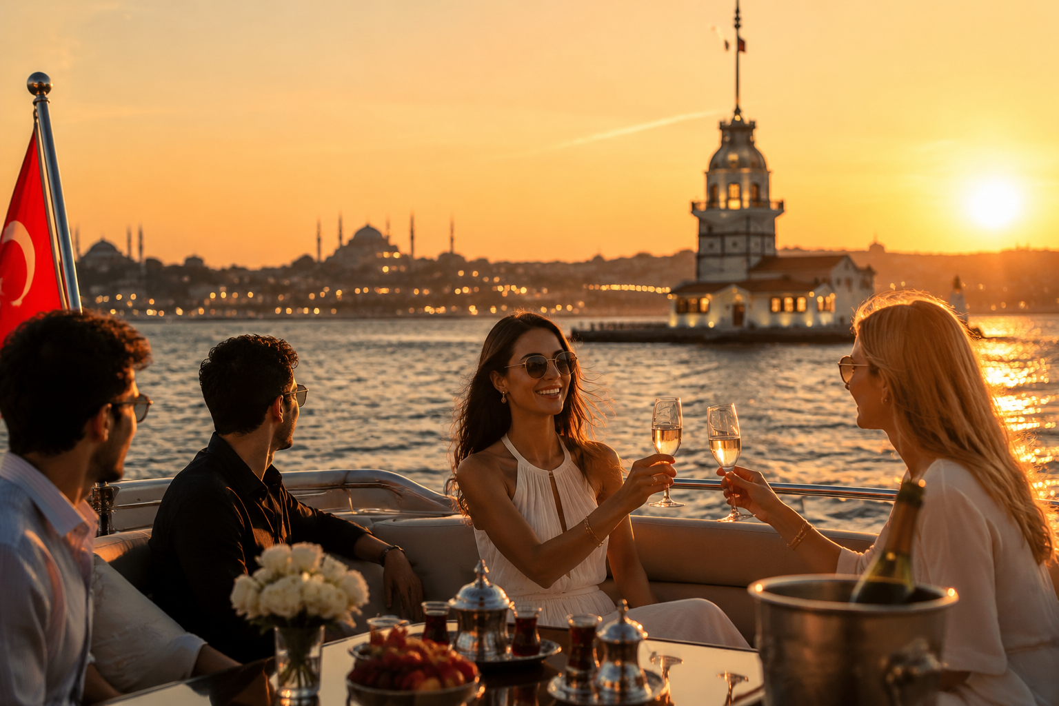 Detailed () showing an elegant private Bosphorus yacht cruise scene in Istanbul at sunset, with the Maiden's Tower and