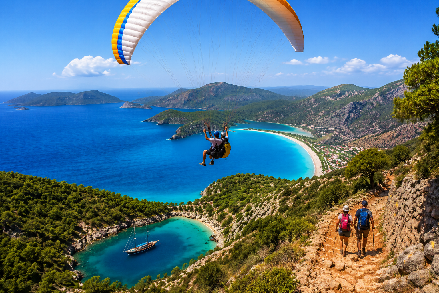 Turkey’s 2026 Coastal Showdown: Antalya vs. Bodrum vs. Fethiye for First-Time Beach Travelers 3 Detailed () vibrant action photograph of Fethiye's Oludeniz beach with a tandem paraglider launching from Babadag Mountain