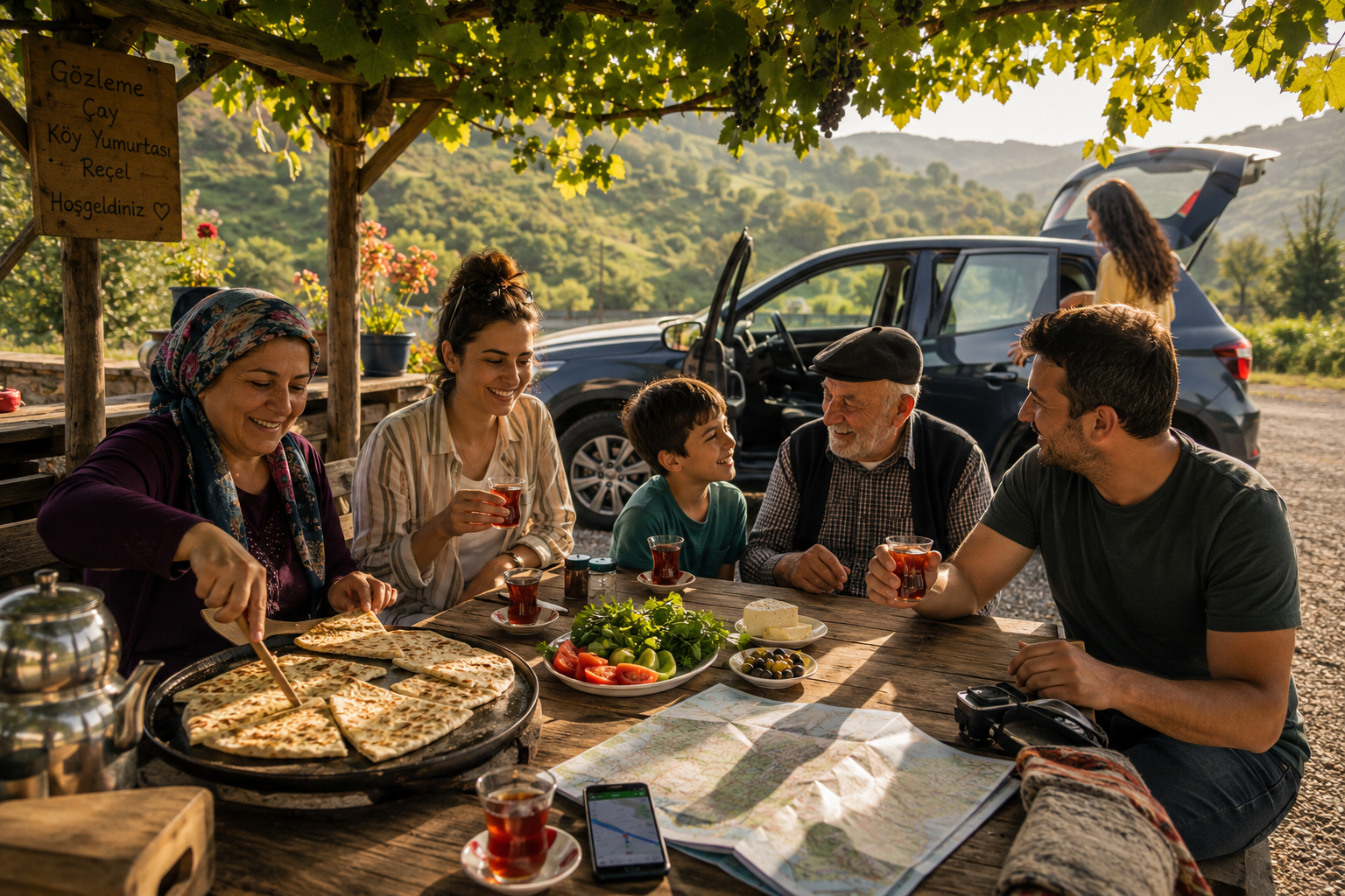 Road Trip Revival in Turkey: Best 2026 Routes for Families from Marmara to Aegean Without Flying 3 Detailed () warm lifestyle photograph of a multi-generational Turkish family enjoying a roadside gözleme breakfast stop at a