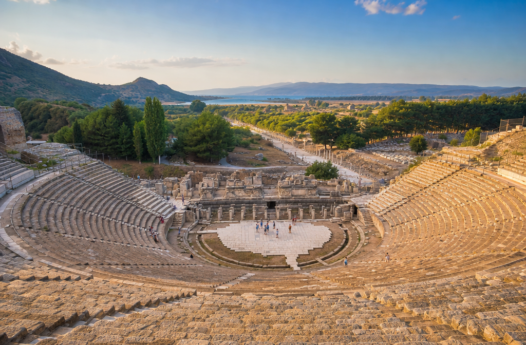 Ephesus Ancient City Explorer's Guide: Marble Streets, Library, and Time-Travel Secrets 3 Detailed () wide establishing shot of the Ephesus Great Theatre from the top row of seats looking down across the massive
