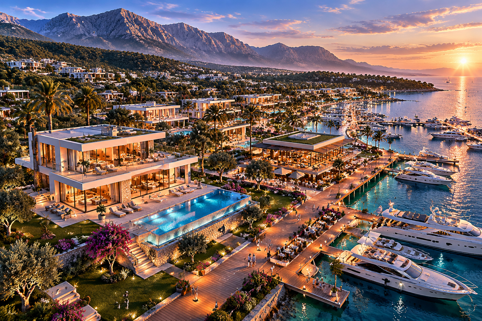 () architectural visualization of a modern beachfront villa development on the Turkish Riviera coastline, featuring