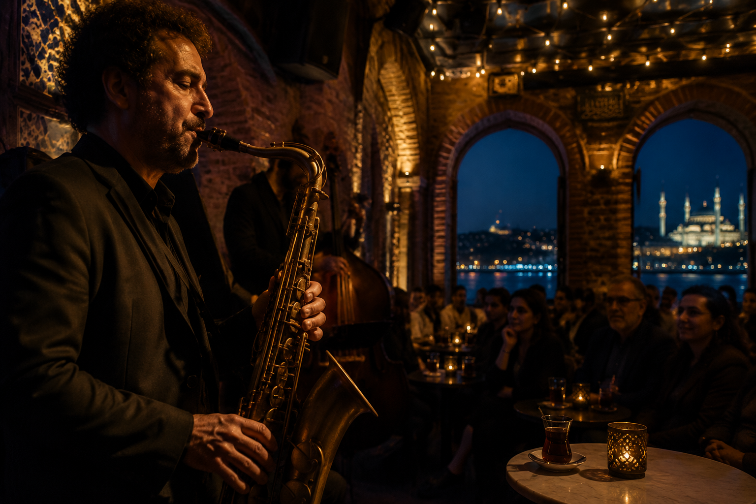 () atmospheric nighttime photograph of a jazz performance inside a historic Istanbul venue with exposed brick walls and