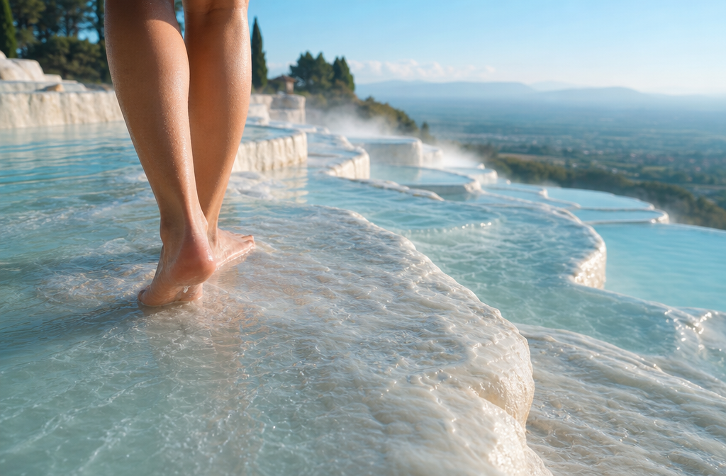Pamukkale Cotton Castle Uncovered: Thermal Pools, Hierapolis Ruins, and 2026 Access Tips 1 () close-up editorial photograph of bare feet walking through shallow milky-blue thermal water on Pamukkale's white calcium