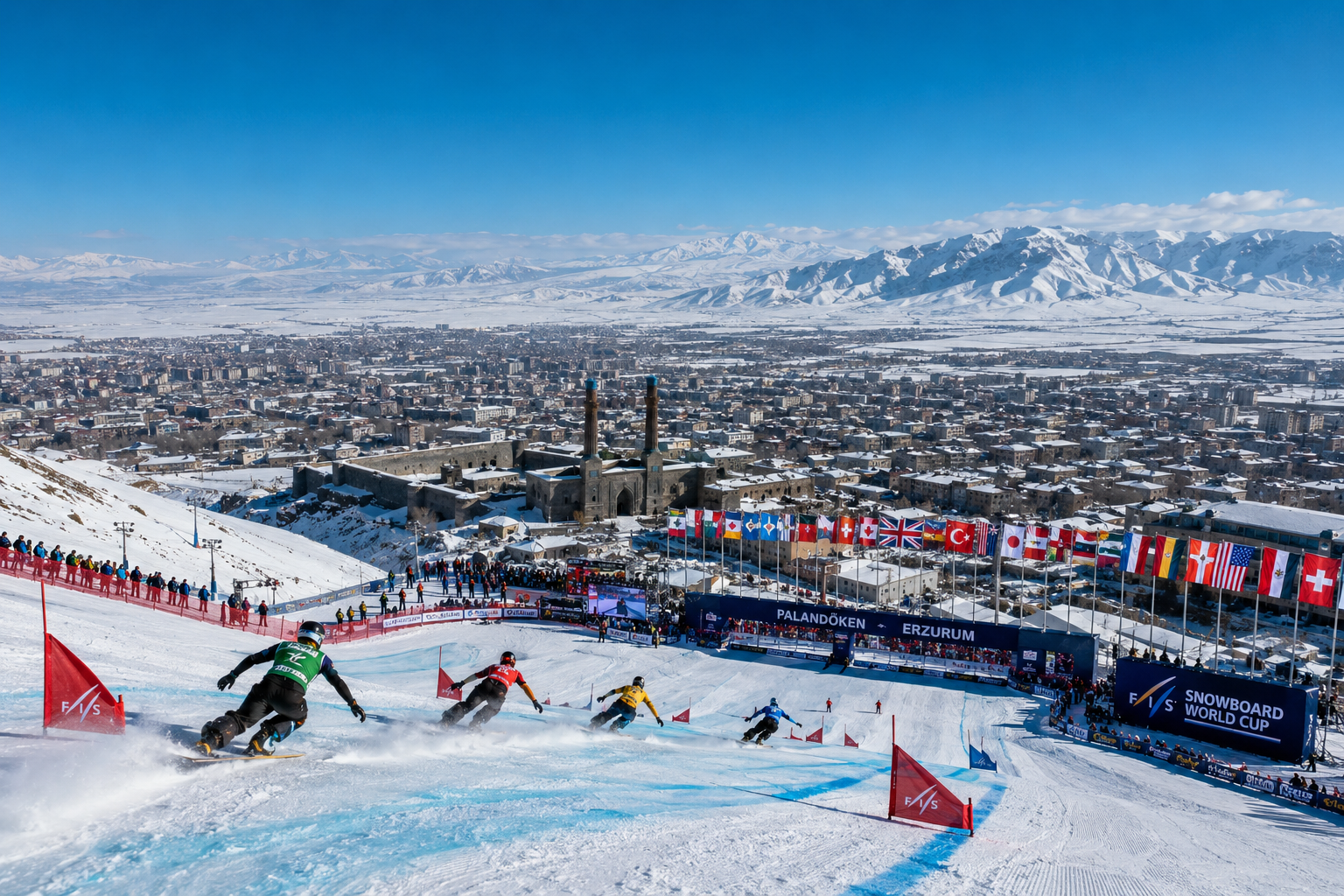 () dramatic aerial-perspective photograph of Paland&ouml;ken ski resort in Erzurum Turkey, showing the steep championship-grade