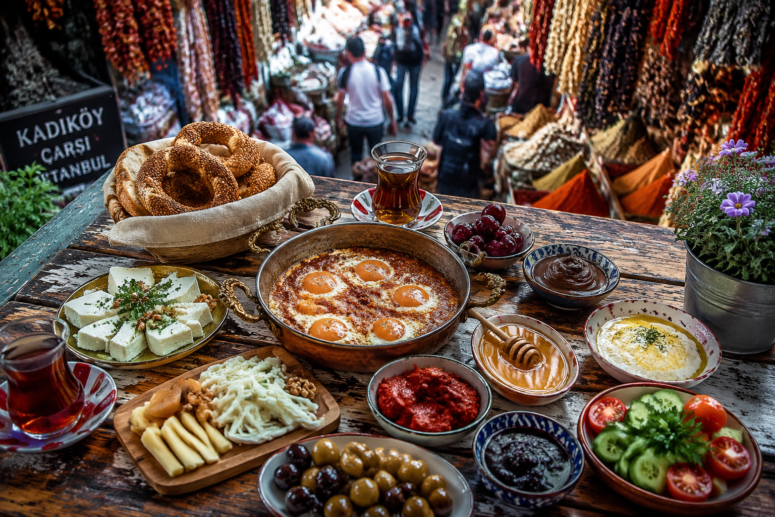 Istanbul in 4 Neighborhoods: A 2026 Guide to Staying, Eating, and Exploring Beyond Sultanahmet 2 () editorial food photography scene at Kadıköy market in Istanbul, overhead angle showing a colorful Turkish breakfast