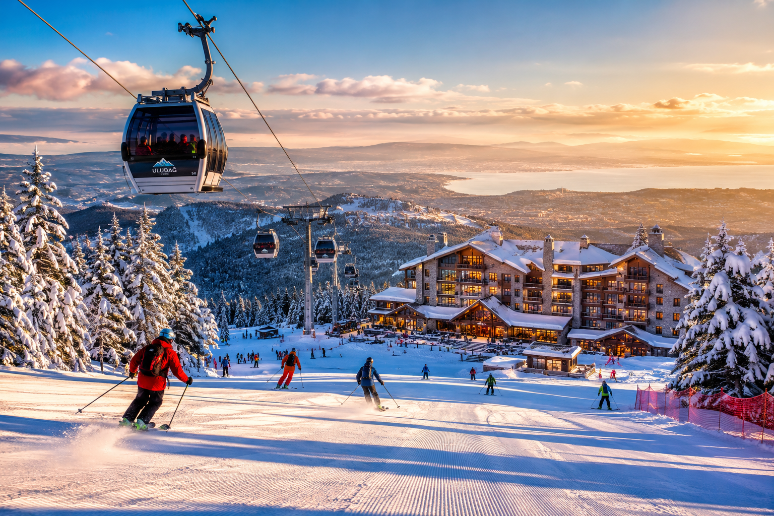 () editorial photograph of Uludağ ski resort near Bursa Turkey in winter 2026, showing skiers descending groomed slopes with