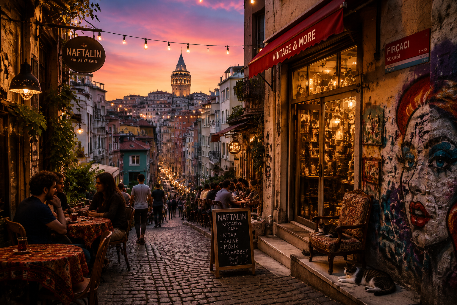 Istanbul in 4 Neighborhoods: A 2026 Guide to Staying, Eating, and Exploring Beyond Sultanahmet 1 () editorial photograph of the vibrant Beyoğlu and Cihangir neighborhood in Istanbul at dusk, showing a narrow cobblestone