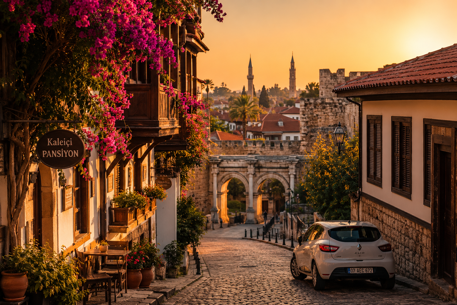() editorial photograph showing the charming narrow streets of Antalya's Kalei&ccedil;i old town at golden hour, with terracotta
