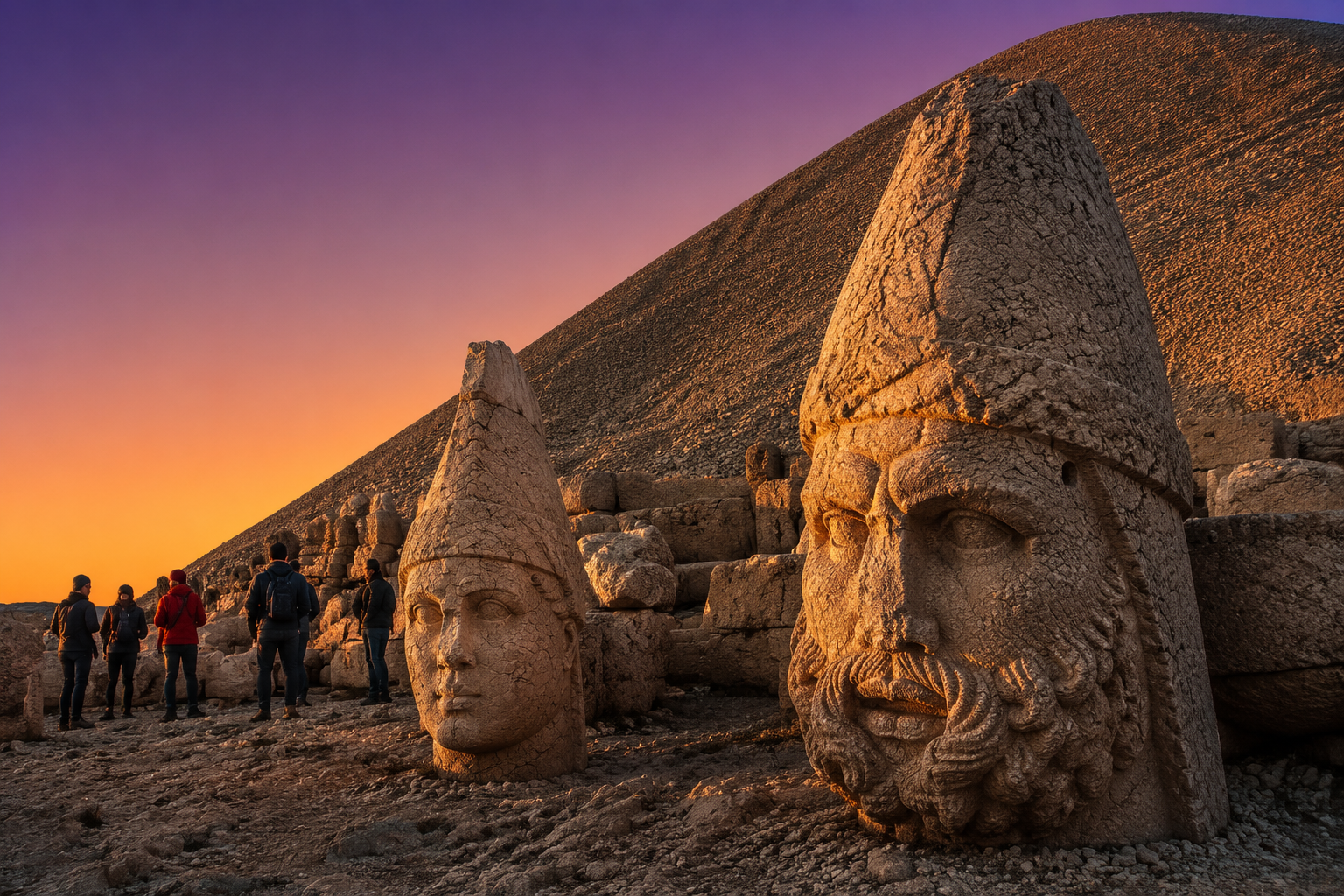() editorial photograph showing the east terrace of Mount Nemrut at golden hour with the massive limestone heads of