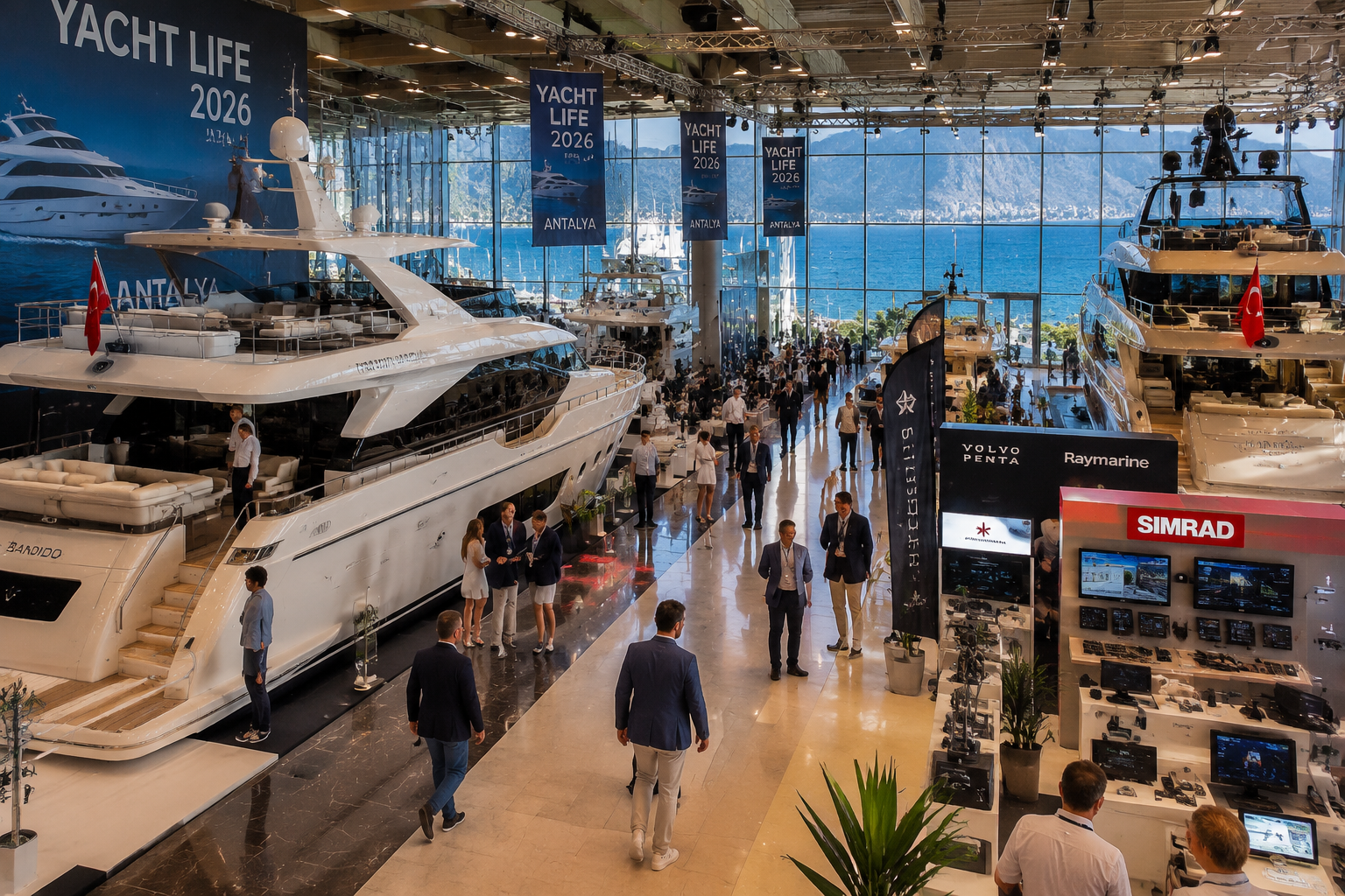 () editorial photograph showing the interior of a bustling luxury yacht show exhibition hall in Antalya, with gleaming white