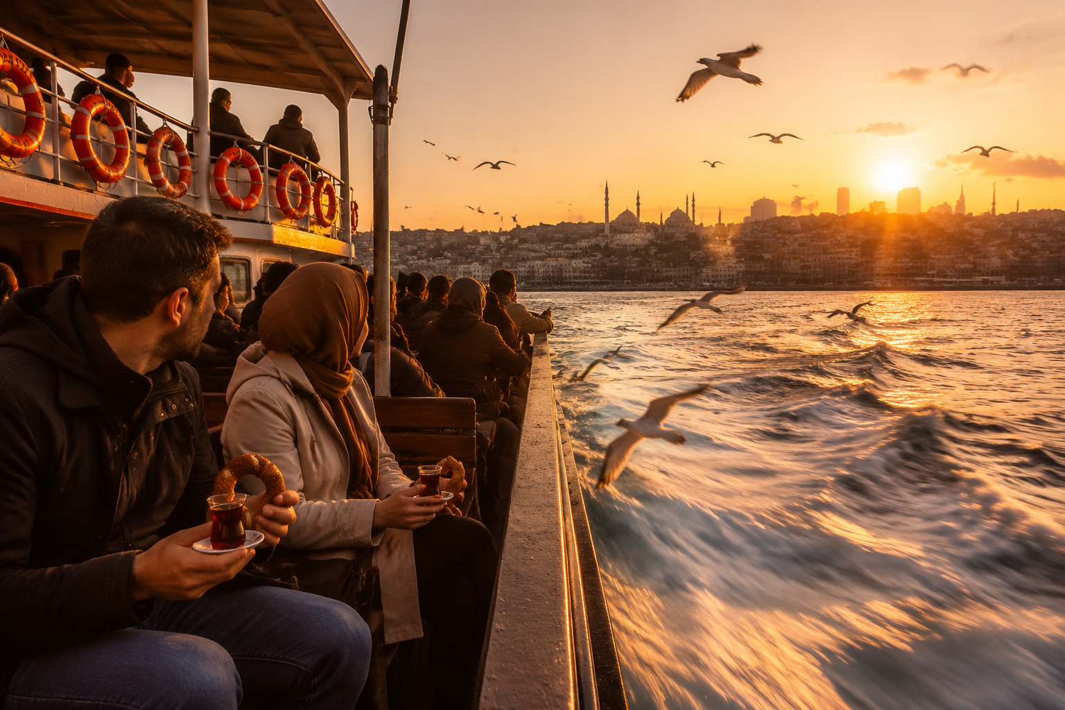 Istanbul in 4 Neighborhoods: A 2026 Guide to Staying, Eating, and Exploring Beyond Sultanahmet 3 () editorial travel photograph showing a crowded Istanbul ferry (vapur) crossing the Bosphorus from Kadıköy to Karaköy at