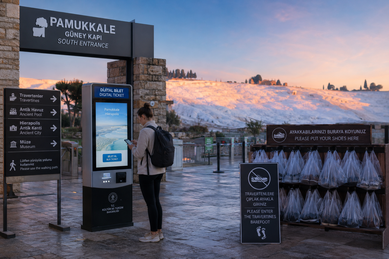 Pamukkale Cotton Castle Uncovered: Thermal Pools, Hierapolis Ruins, and 2026 Access Tips 3 () practical travel infographic-style editorial photograph showing the south entrance gate area of Pamukkale at early