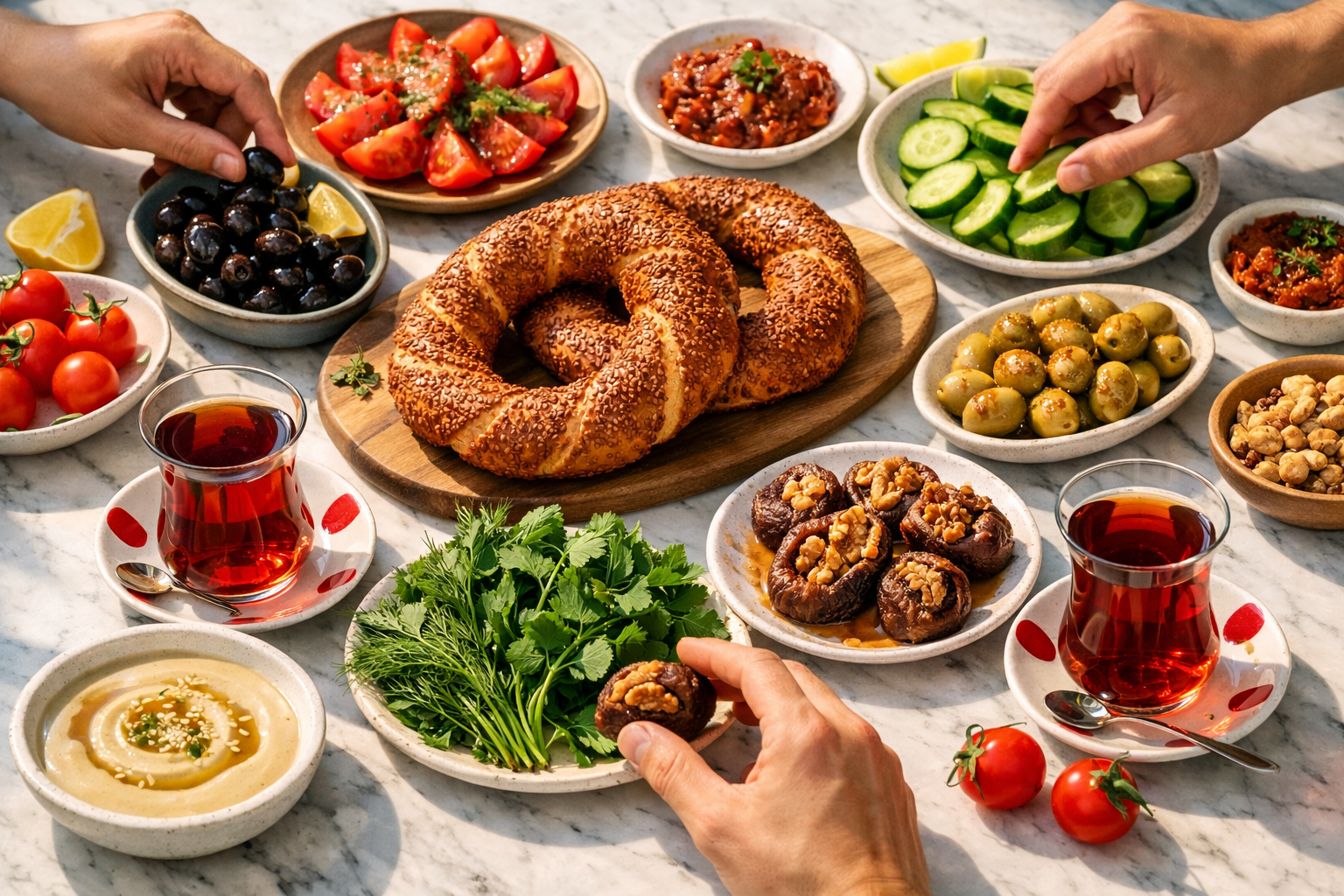 Vegan & Vegetarian Turkey: What to Eat, Best Restaurants & City Guide 2026 1 () overhead shot of a traditional Turkish breakfast serpme kahvalti spread featuring entirely plant-based items: olives,