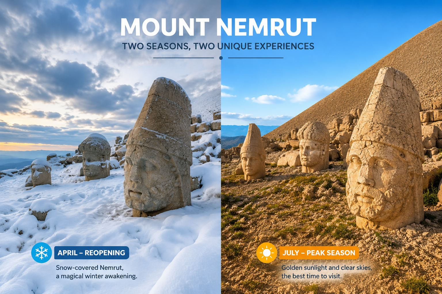 () split-season comparison image showing Mount Nemrut in two halves: left side depicts the colossal statue heads partially
