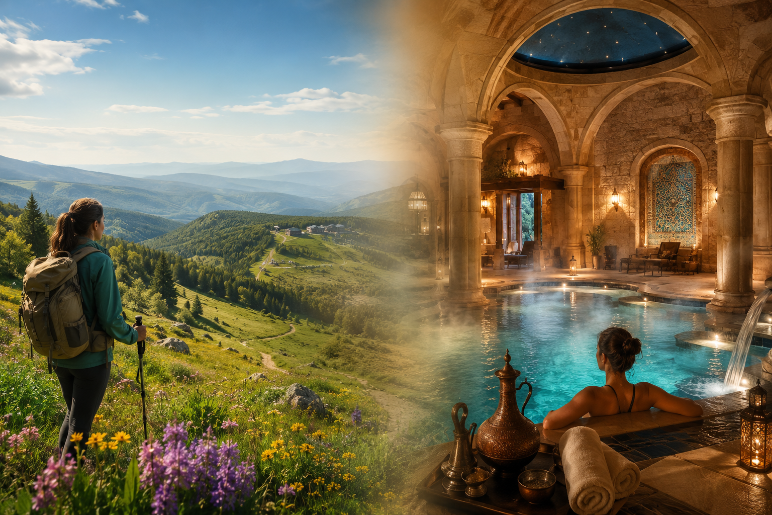 () split-season composite image showing Turkey as a year-round destination: left half depicts a serene spring hiking scene