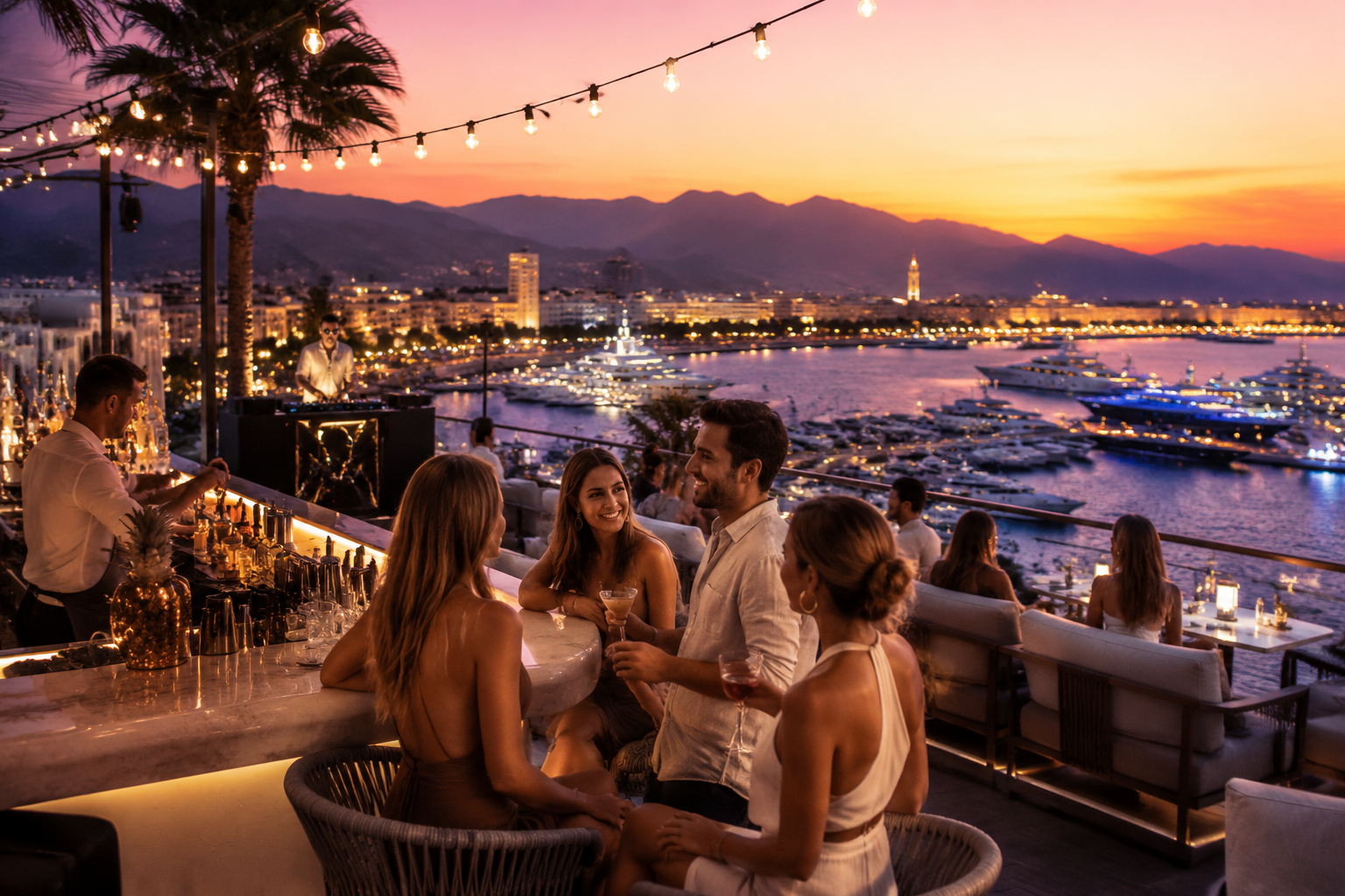() vibrant lifestyle photograph of a stylish rooftop lounge at a Turkish Riviera yacht club at sunset, featuring young