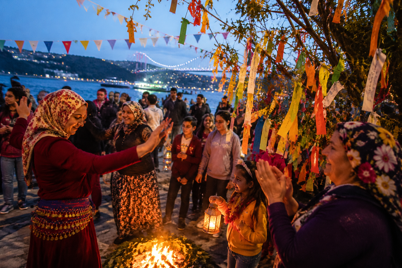() vibrant street-level photograph of Hıdırellez spring celebration in Istanbul's Tarabya neighborhood at dusk, locals