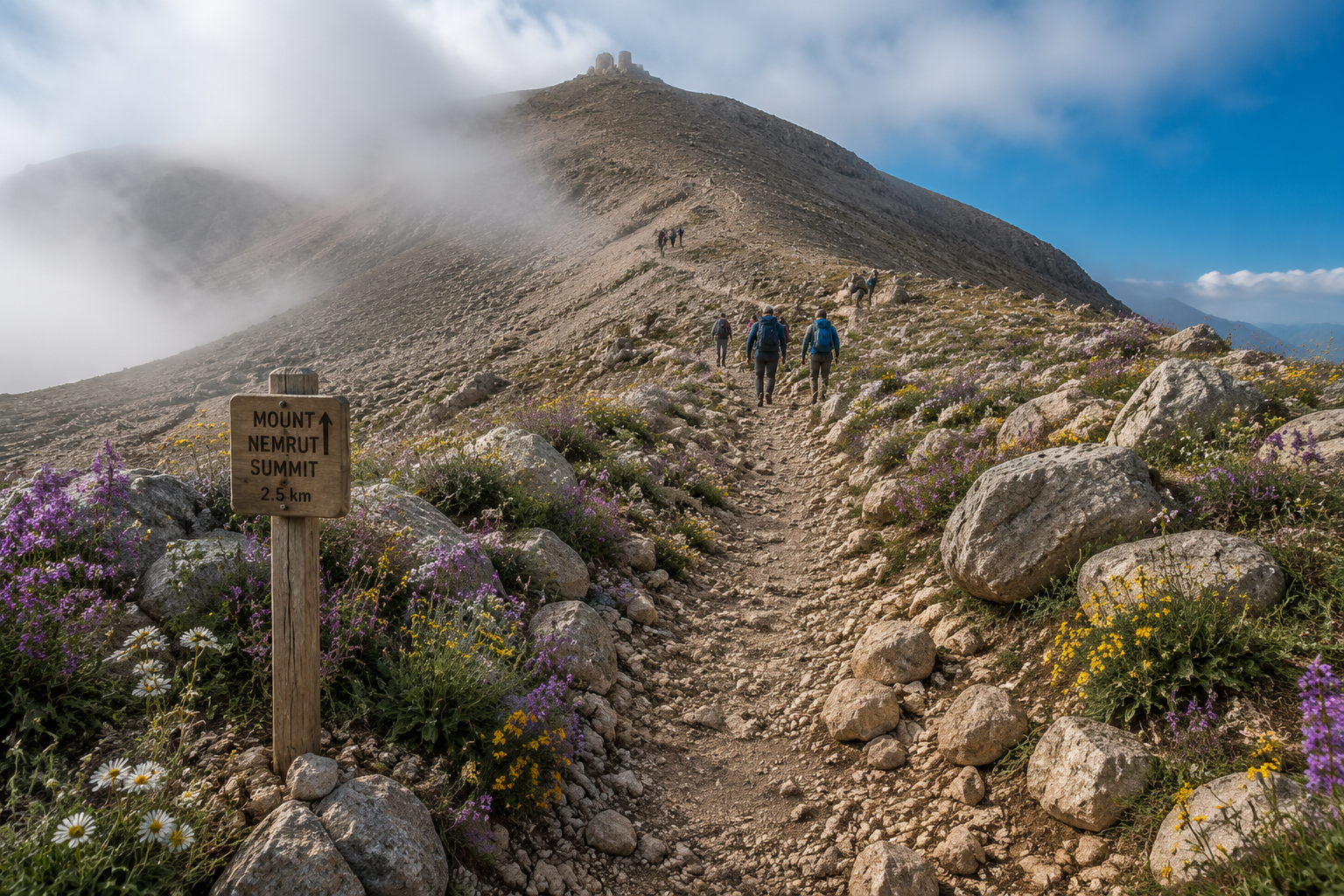 () wide-angle photograph of a rocky hiking trail leading uphill toward Mount Nemrut summit, with spring wildflowers (purple,