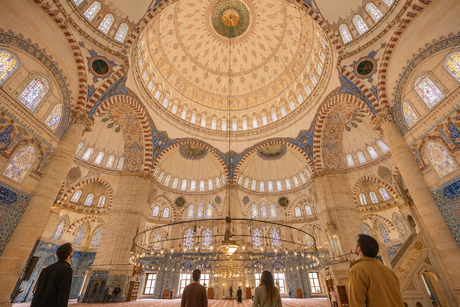 Detailed () editorial photograph of the interior of the Selimiye Mosque in Edirne showing the massive central dome from