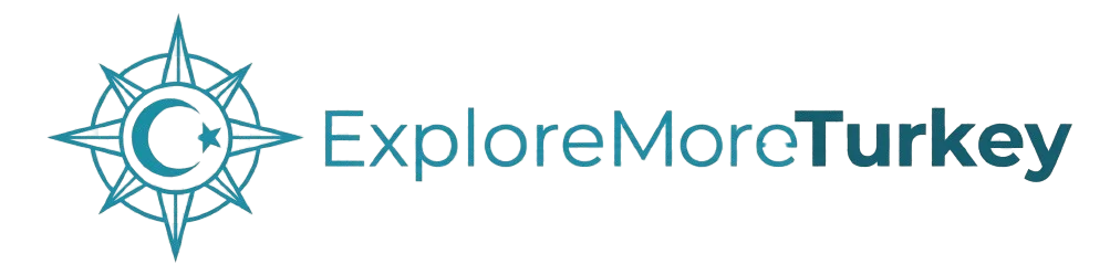 Compass rose graphic with a crescent and star on the left, next to the text "ExploreMoreTurkey" in blue, modern font on a white background.